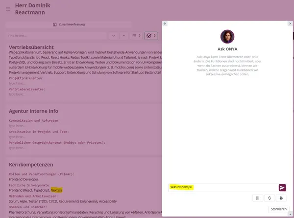 askONYA Assistenten-Panel kontextuelle KI-Unterstützung ohne den Workflow zu verlassen.